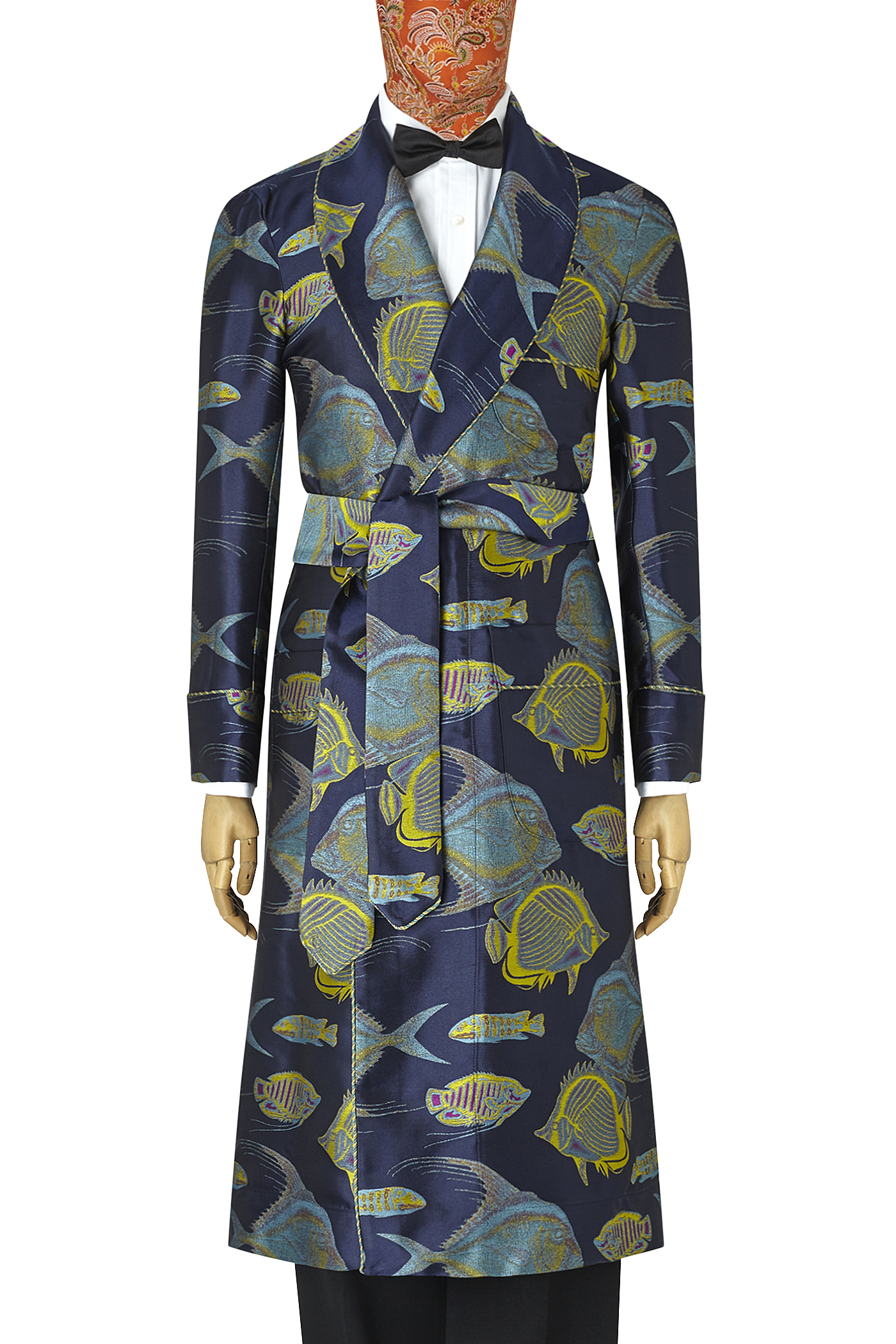Navy Fish Unlined Silk Dressing Gown | New & Lingwood