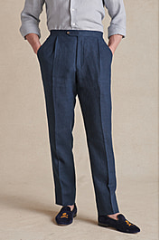 Navy Single Pleat Linen Trouser