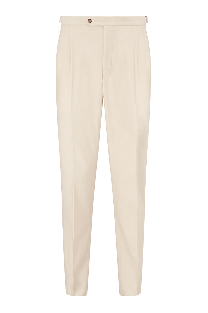 Cream Wool Single Pleat Flannel Trousers | New & Lingwood