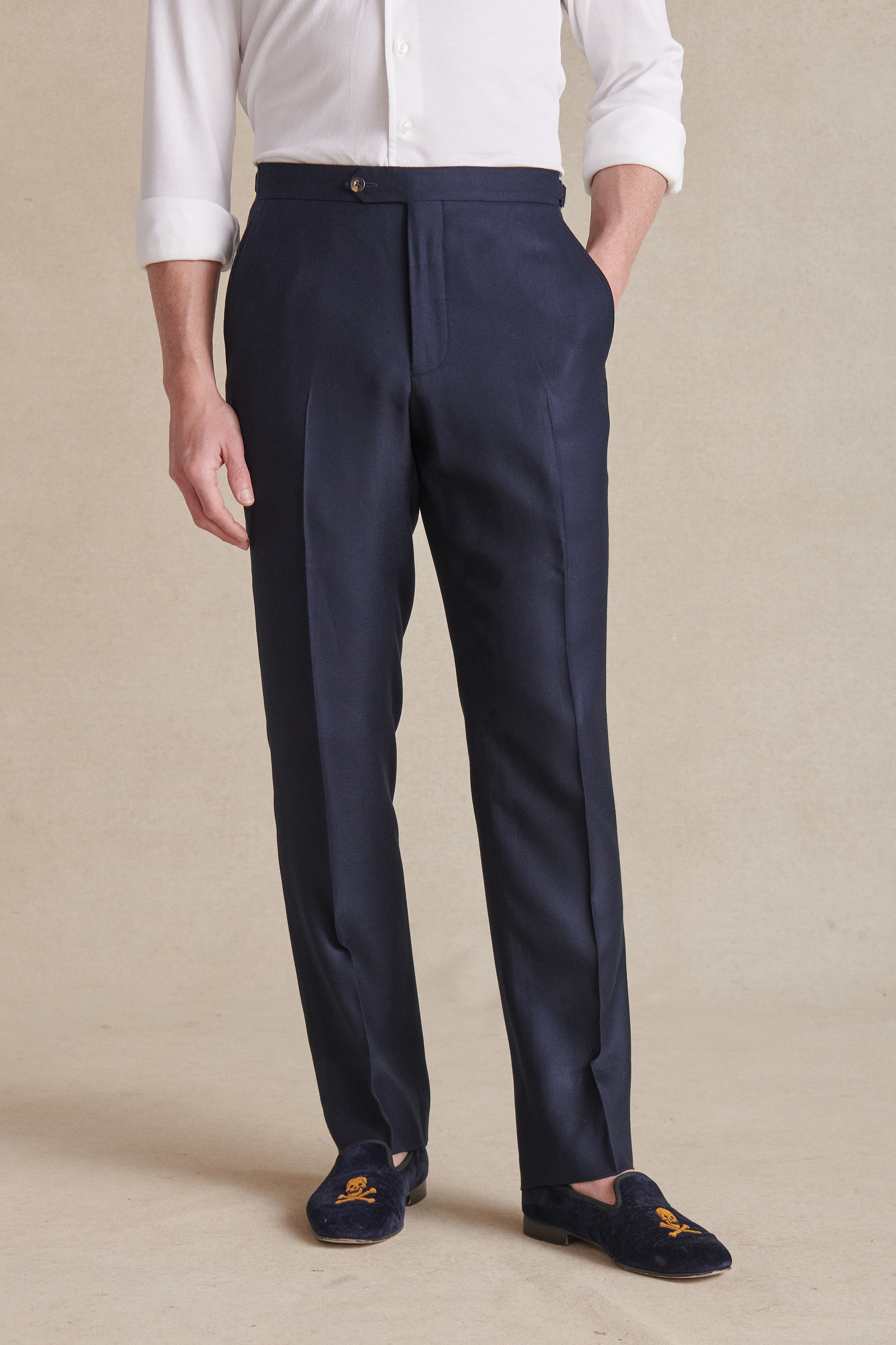 Navy Flat Front Bamboo Trousers | New & Lingwood