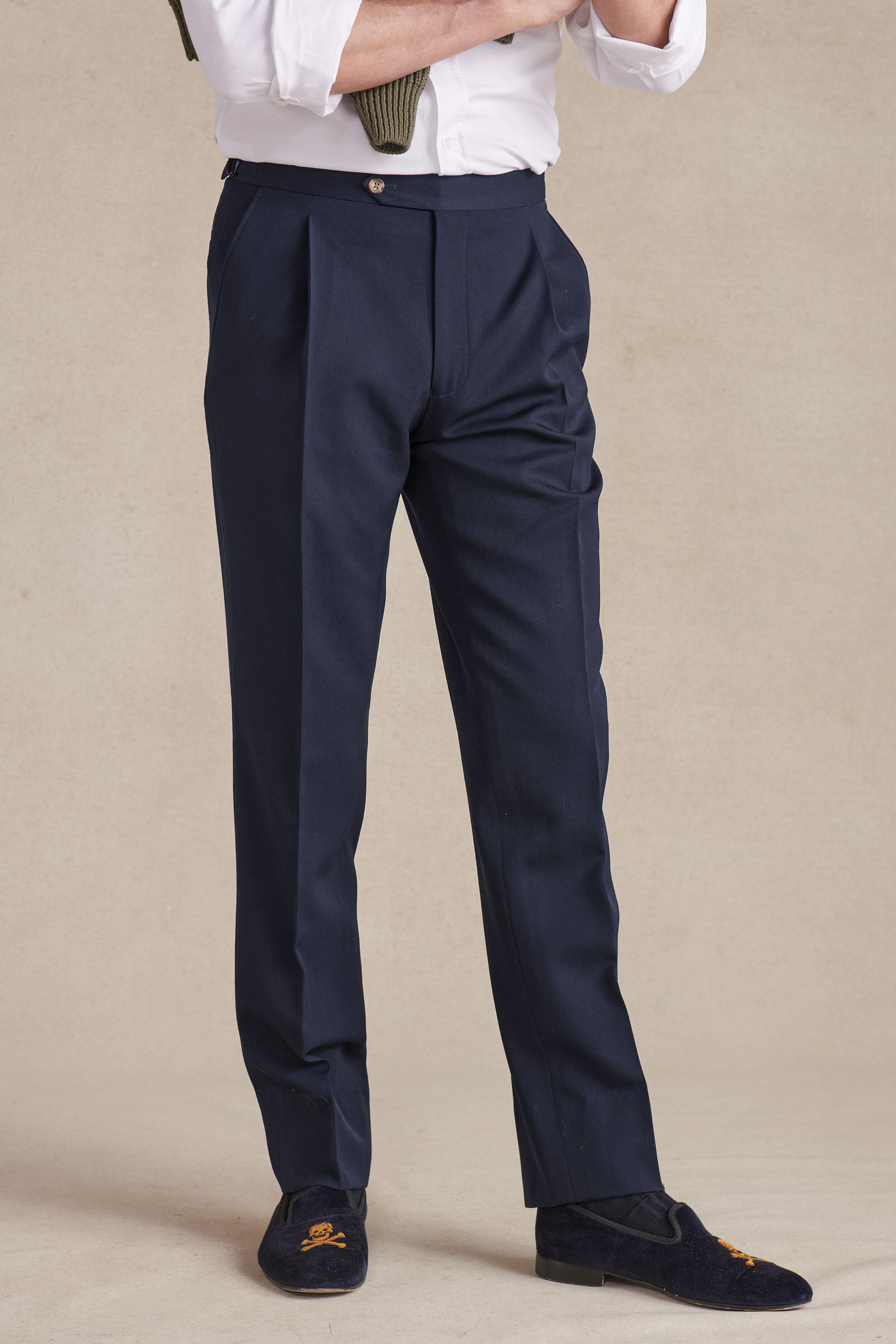 Navy Single Pleat Wool Trousers | New & Lingwood