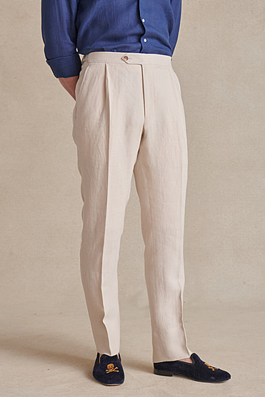Cream Single Pleat Linen Trousers