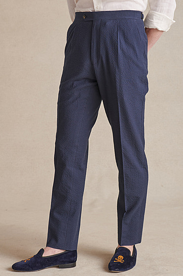 Navy Single Pleat Seersucker Trousers | New & Lingwood
