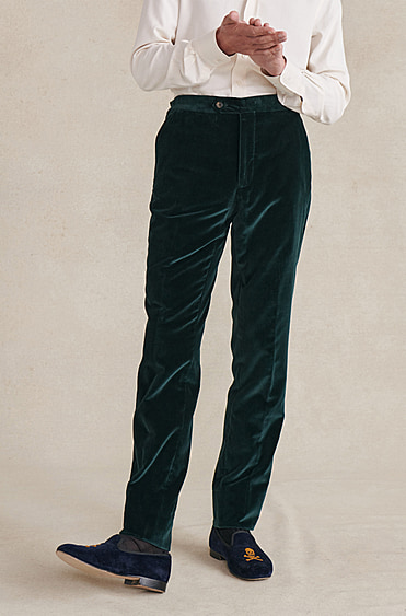Dark Green Flat Front Velvet Trousers