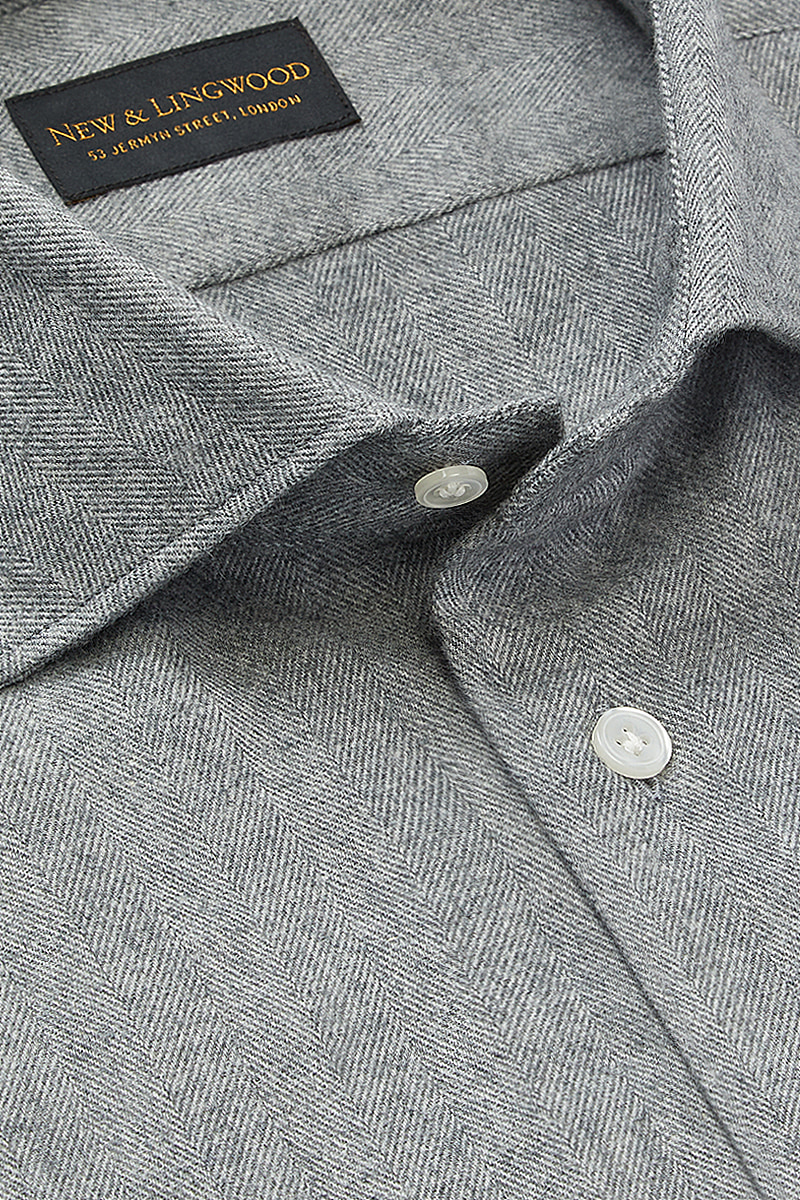 Grey Cutaway Collar Herringbone Flannel Standard Fit Shirt | New & Lingwood