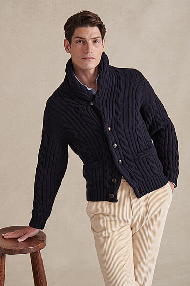 Blue Lambswool Shawl Collar Cardigan