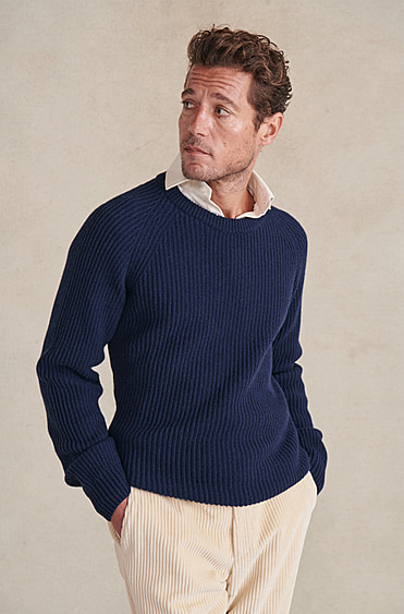 Navy Crew Neck Ribbed Cashmere Jumper