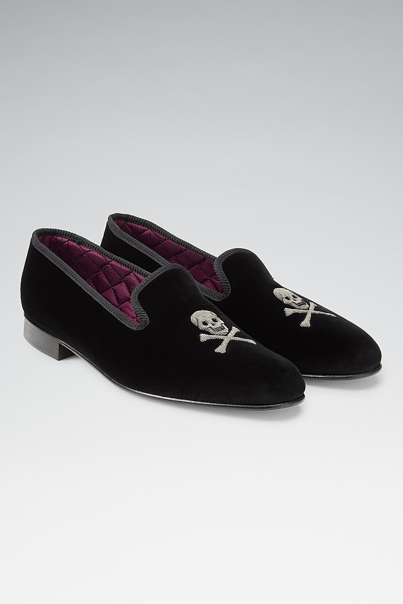 Black Skull Crossbones Velvet Slippers New Lingwood