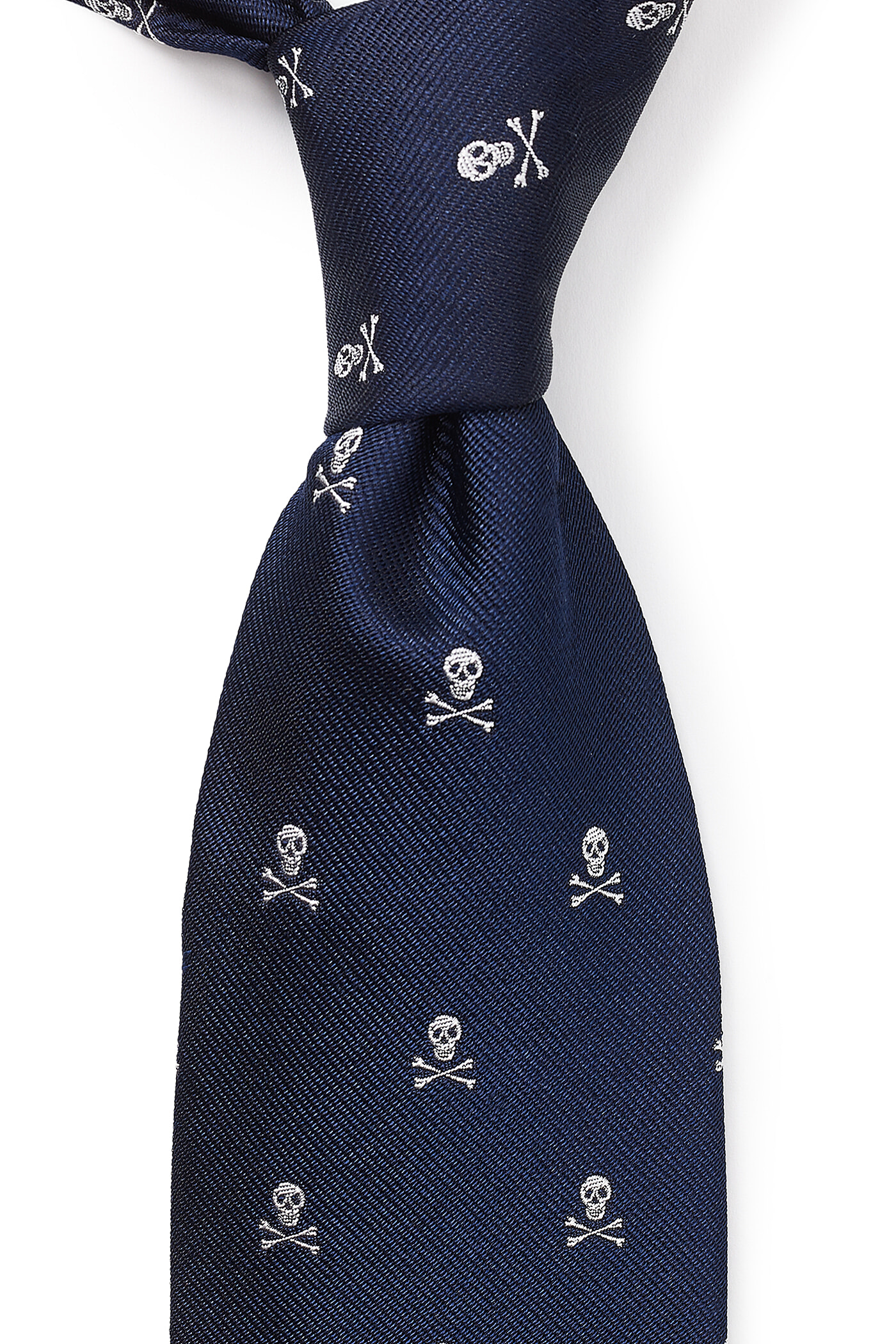 Navy & White Skull & Crossbones Self Tipped Woven Silk Tie | New & Lingwood