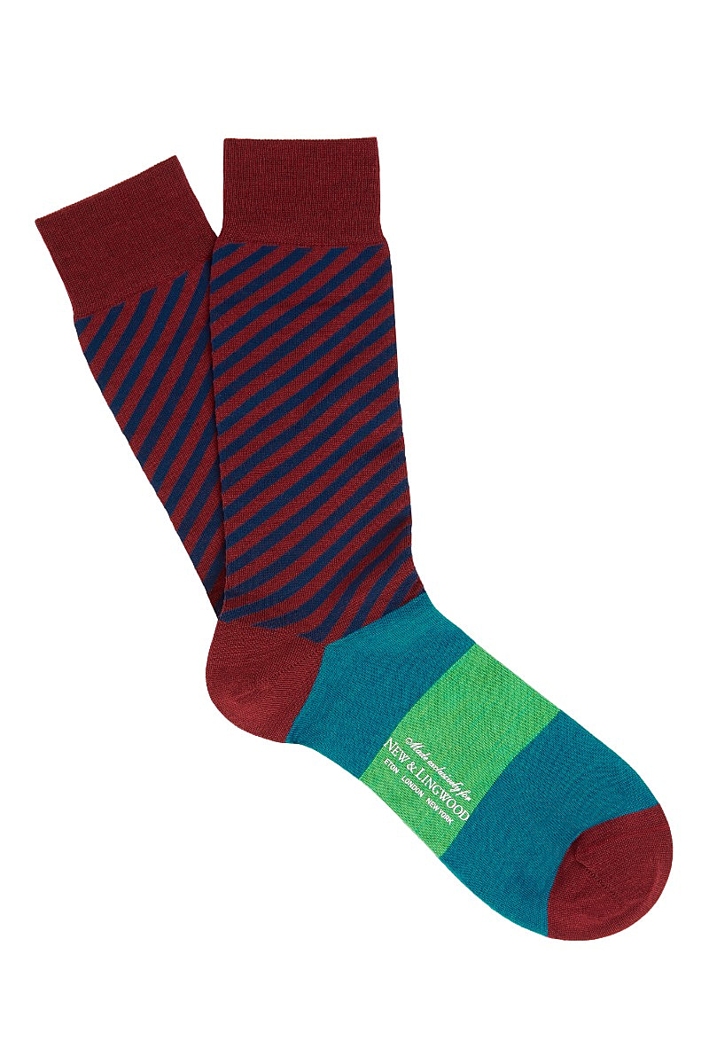 Burgundy Diagonal Stripes Mid Calf Wool Socks | New & Lingwood