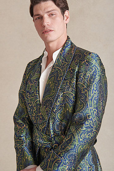 Unlined Luxury Handprinted Silk Dressing Gown - Contrast Paisley