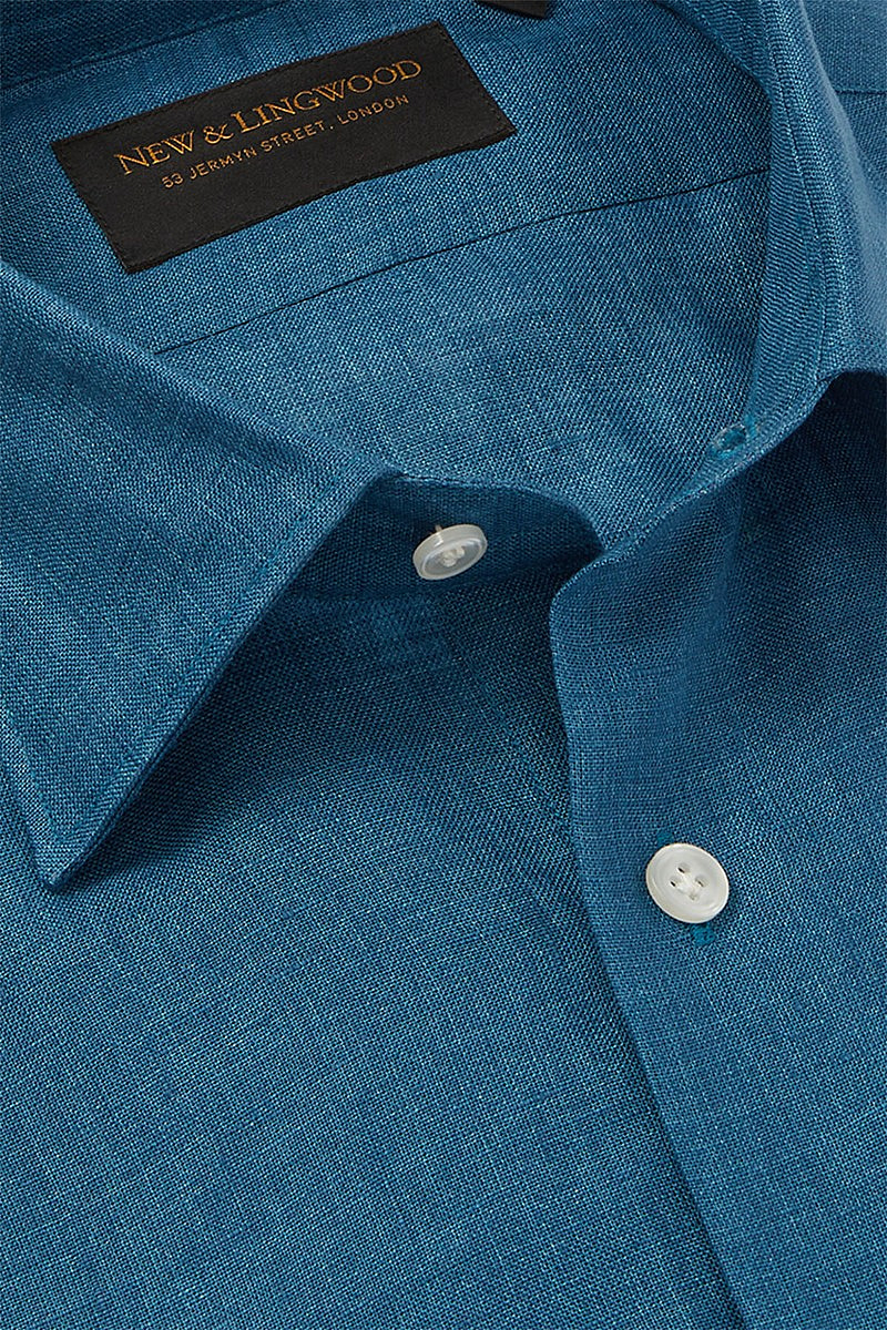 Blue Plain Standard Fit Soft Collar Linen Shirt | New & Lingwood