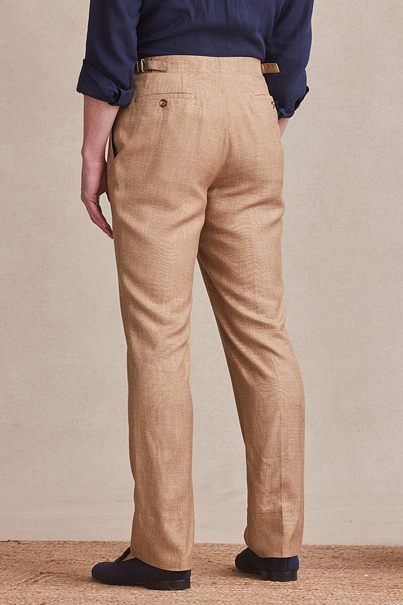 Beige Bamboo Flat Front Trouser With Side Adjuster | New & Lingwood