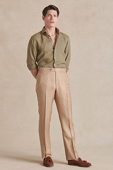 Beige Flat Front Bamboo Trousers