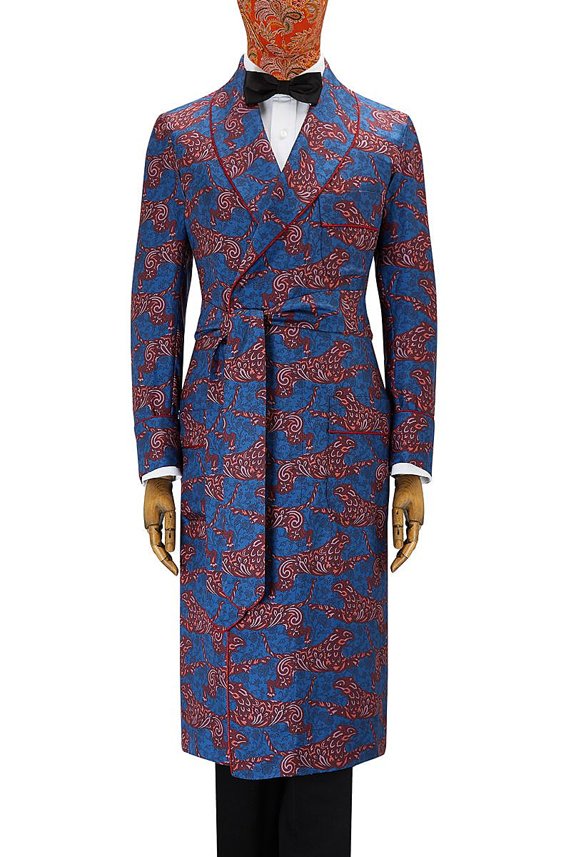 Navy Mythical Creature Unlined Printed Silk Dressing Gown | New & Lingwood