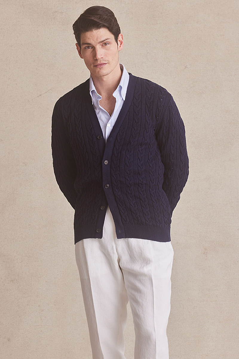 Navy Cable Knit Cardigan | New & Lingwood