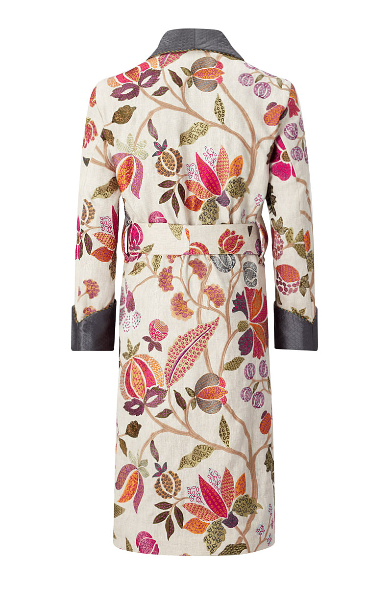 Cream Embroidered Flowers Lined Linen Dressing Gown | New & Lingwood