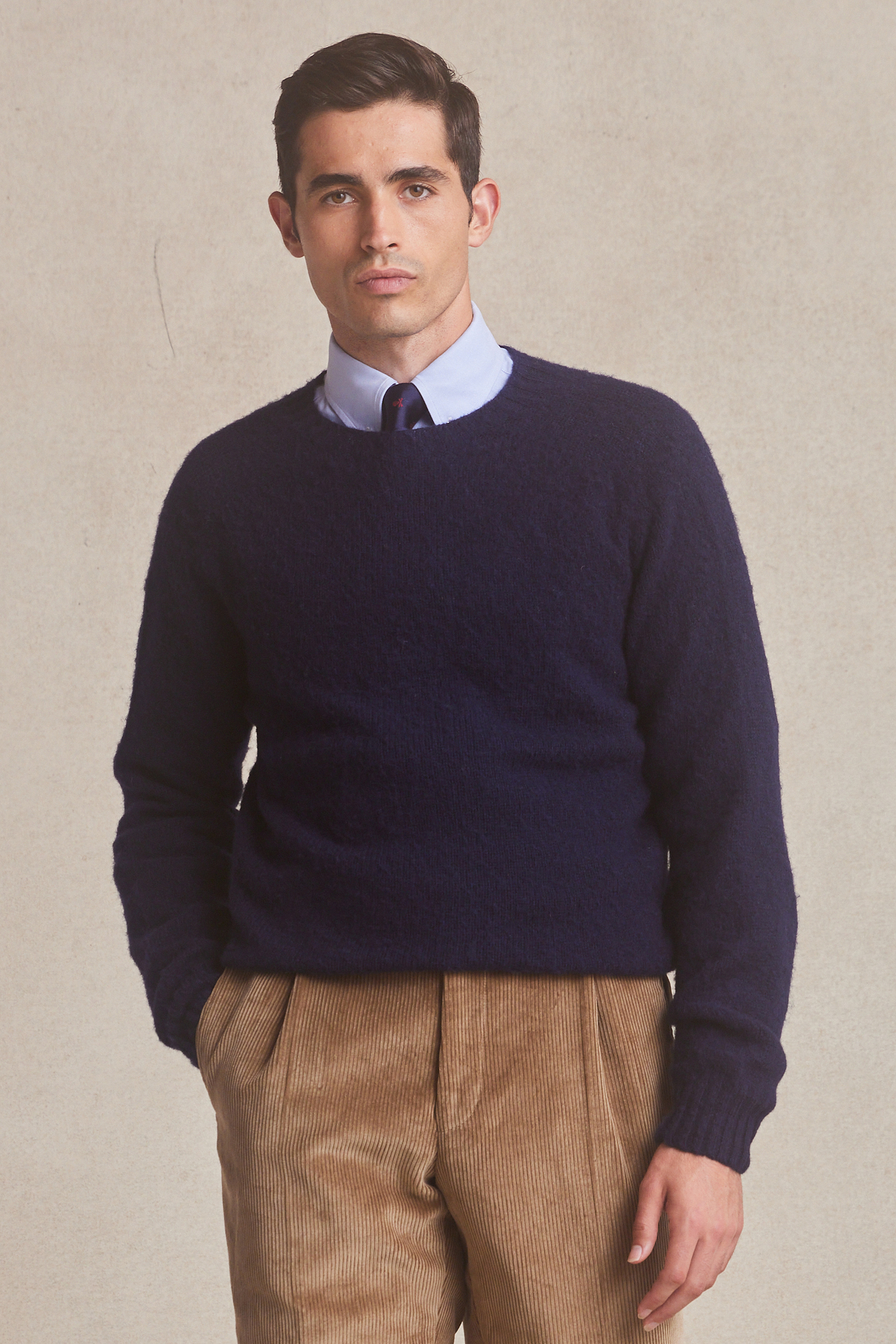 Navy Brushed Lambswool Crew Neck Sweater | New & Lingwood