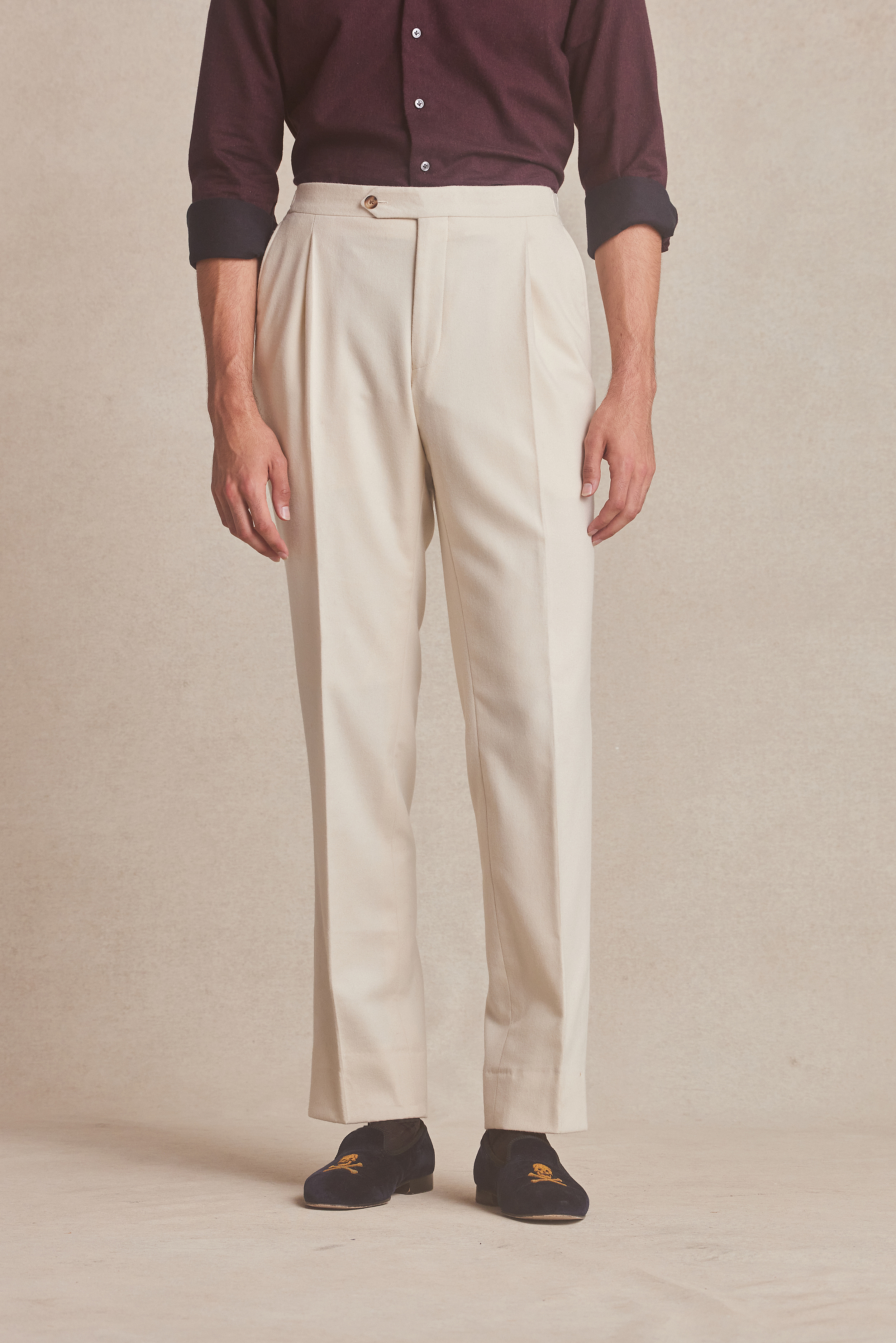 Cream Wool Single Pleat Flannel Trousers  New  Lingwood