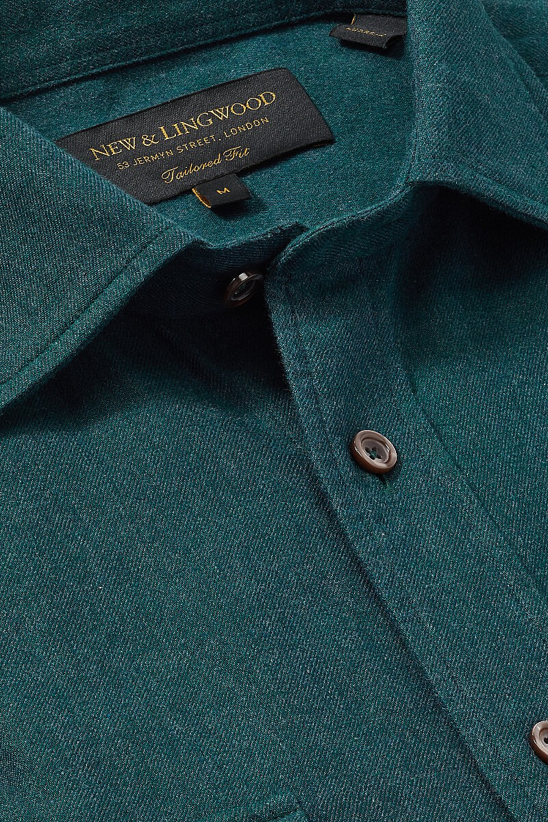 Green Brushed Cotton Tailored Fit Casual Safari Shirt | New & Lingwood