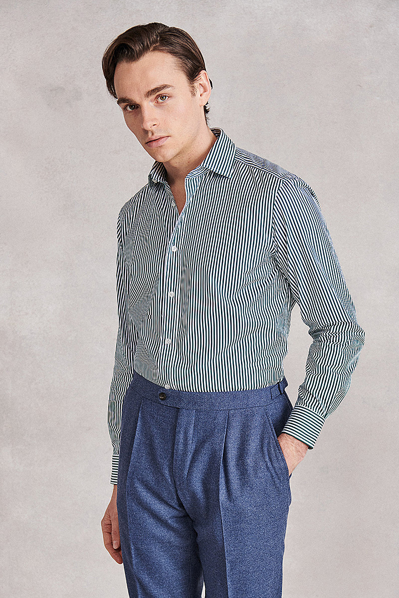 Green Stripe Soft Collar Classic Fit Cotton Shirt | New & Lingwood