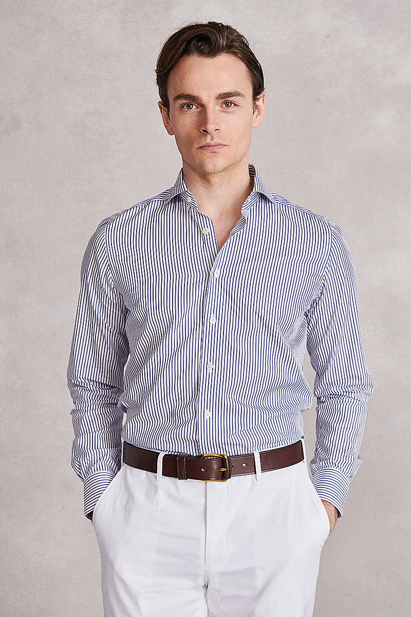 Blue Stripe Outline Tailored Fit Double Cuff Shirt | New & Lingwood