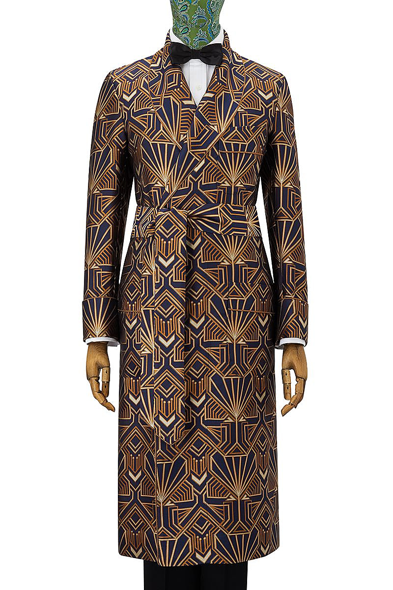 Navy Gold Art Deco Unlined Silk Dressing Gown | New & Lingwood