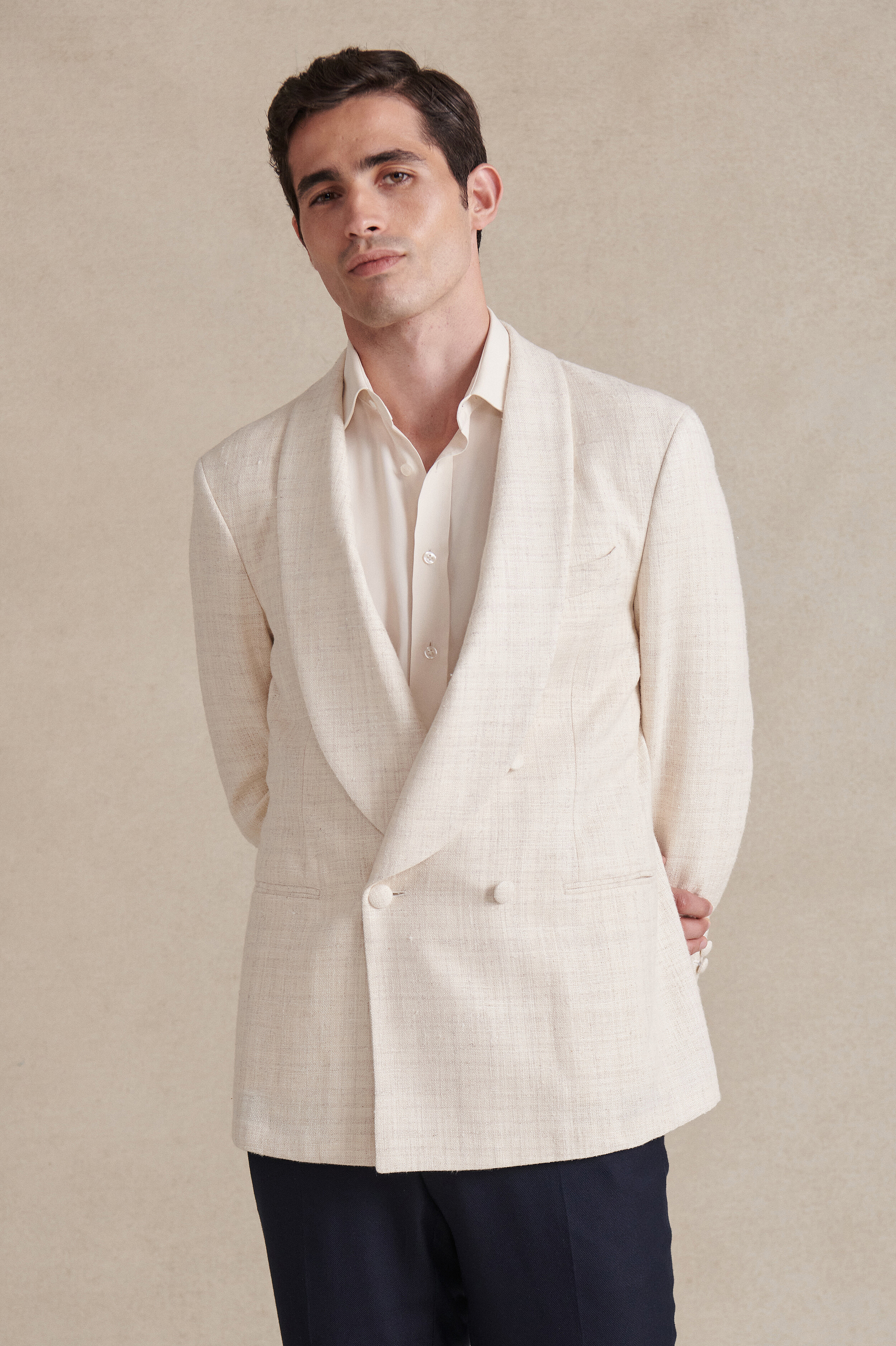 Cream Shawl Collar Double Breasted Evening Jacket | New & Lingwood