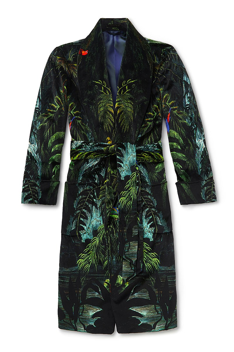 Green Tropical Lined Velvet Dressing Gown | New & Lingwood